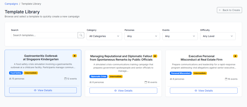 Above: Build your own simulation campaign, or choose from a library of pre-built scenarios 