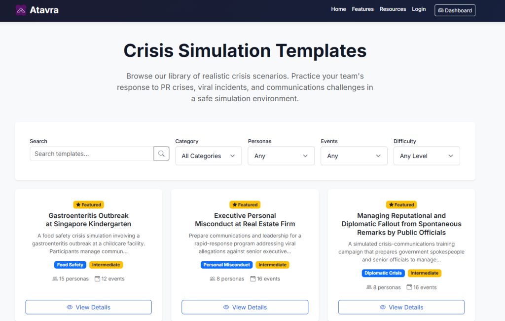 Above: Run a simulated crisis comms campaign using pre-built templates, or design your own. Source: Atavra